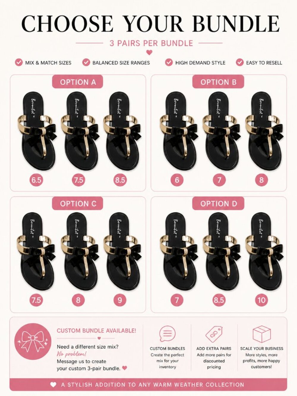 3-Pair Bow Rhinestone Sandal Bundles | Mixed Sizes 6–10 | Wholesale Reseller Lot - Picture 2 of 6